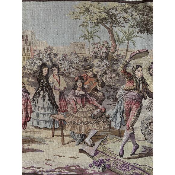 Vintage tapestry Spanish Woven Wall Art Made in Belgium Market Scene 57x20” - Picture 1 of 11